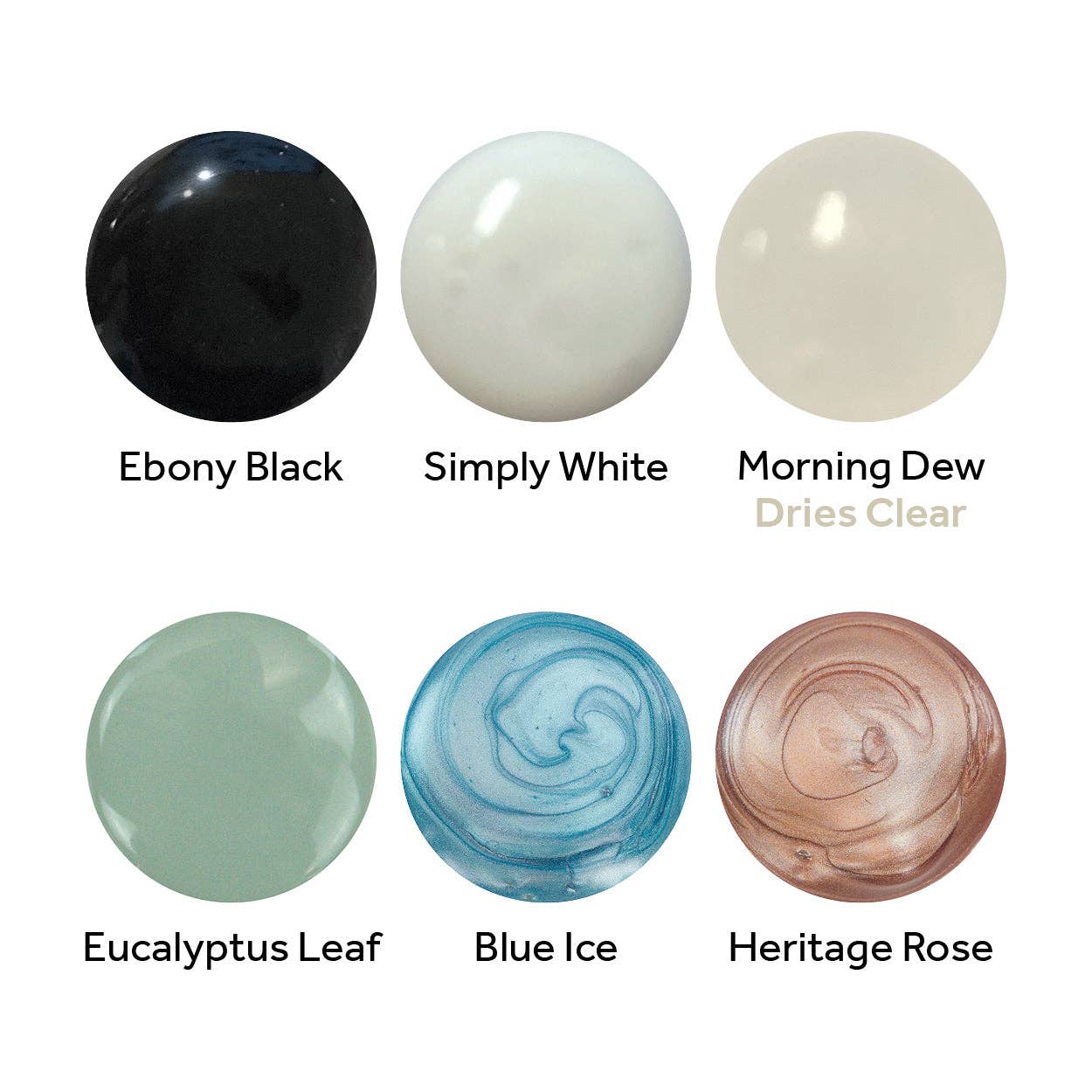 Nuvo Crystal Drops – 6-Colour Bundle (Blue Ice, Heritage Rose, Eucalyptus Leaf, Ebony Black, Gloss Simply White, Morning Dew)