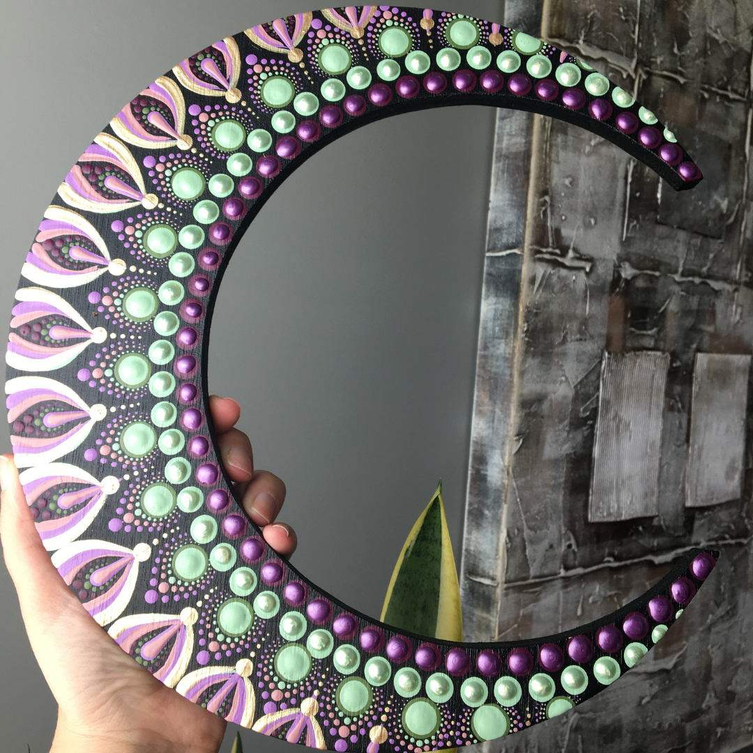 Custom Painted Mandala Moon Crescent 12"